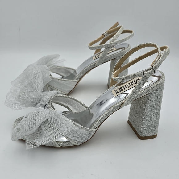 Badgley Mischka Tess Block Heel Sandals with Mesh Poof Bow, Silver Metallic, 6 - Picture 6 of 16